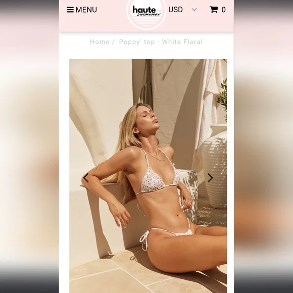 HAUTE swim pink poppies green leaves ribbon bows edging triangle string bikini - Picture 6 of 17